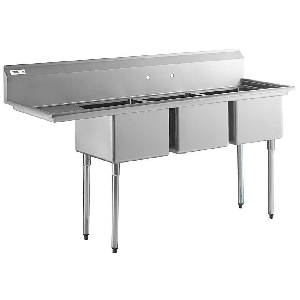 Regency 78 1/2" 16 Gauge Stainless Steel Three Compartment Commercial Sink with Galvanized Steel Legs and 1 Drainboard - 18" x 18" x 14" Bowls - Left Drainboard