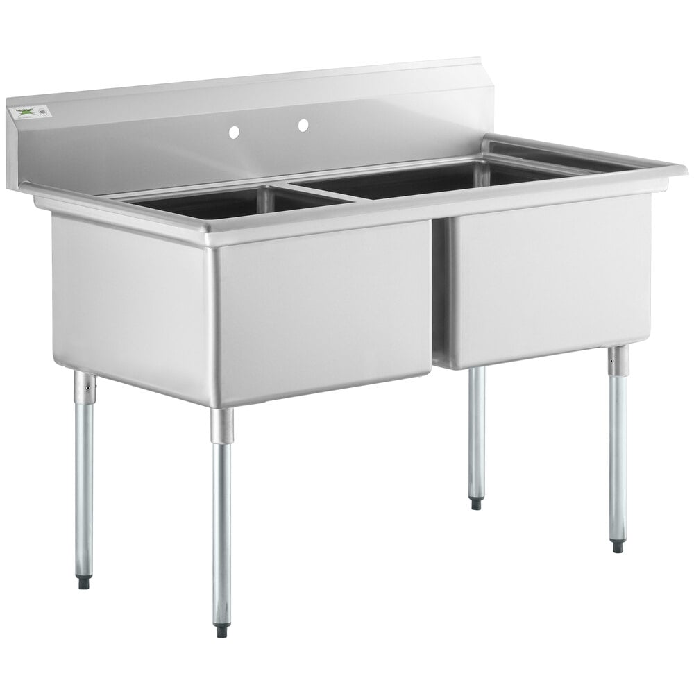 Regency 55" 16 Gauge Stainless Steel Two Compartment Commercial Sink with Galvanized Steel Legs - 24" x 24" x 14" Bowls