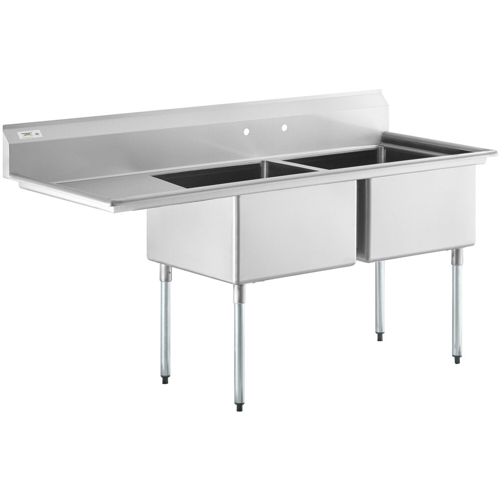 Regency 76 1/2" 16 Gauge Stainless Steel Two Compartment Commercial Sink with Galvanized Steel Legs and 1 Drainboard - 24" x 24" x 14" Bowls - Left Drainboard
