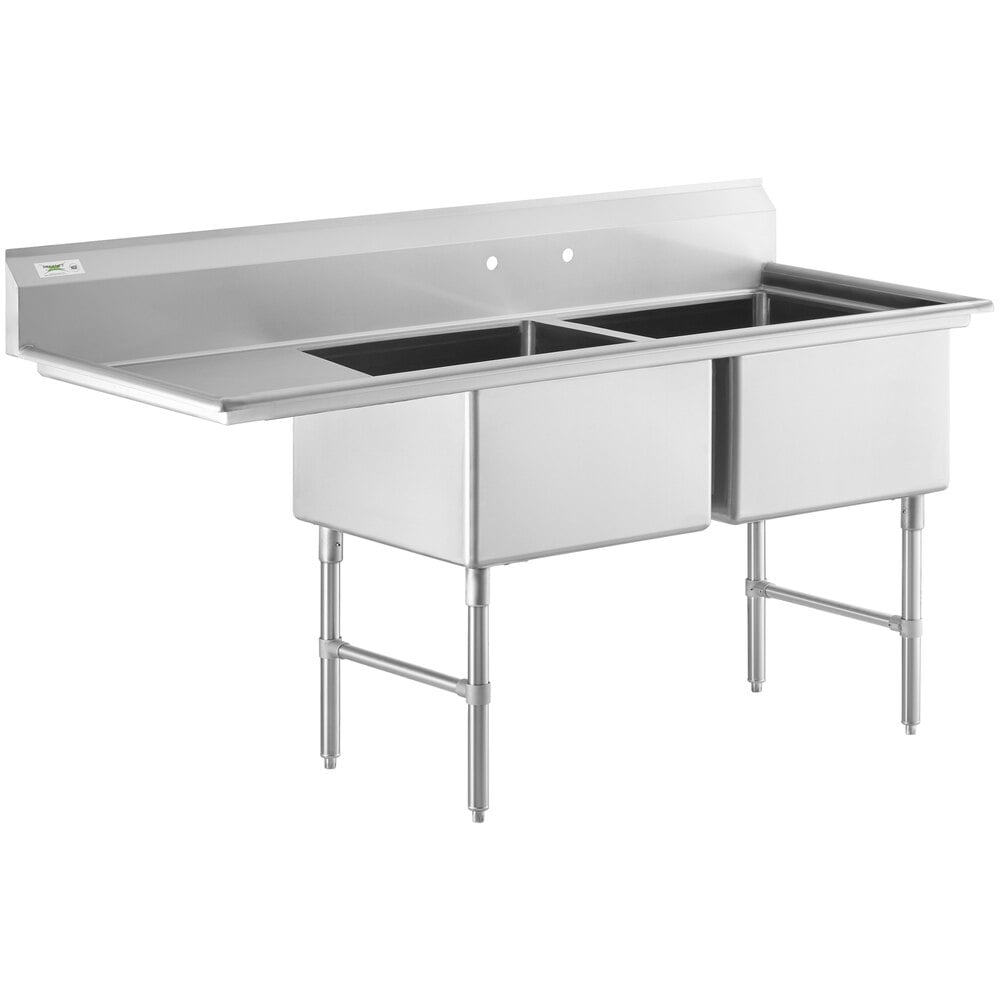 Regency 76 1/2" 16 Gauge Stainless Steel Two Compartment Commercial Sink with Stainless Steel Legs, Cross Bracing, and 1 Drainboard - 24" x 24" x 14" Bowls - Left Drainboard