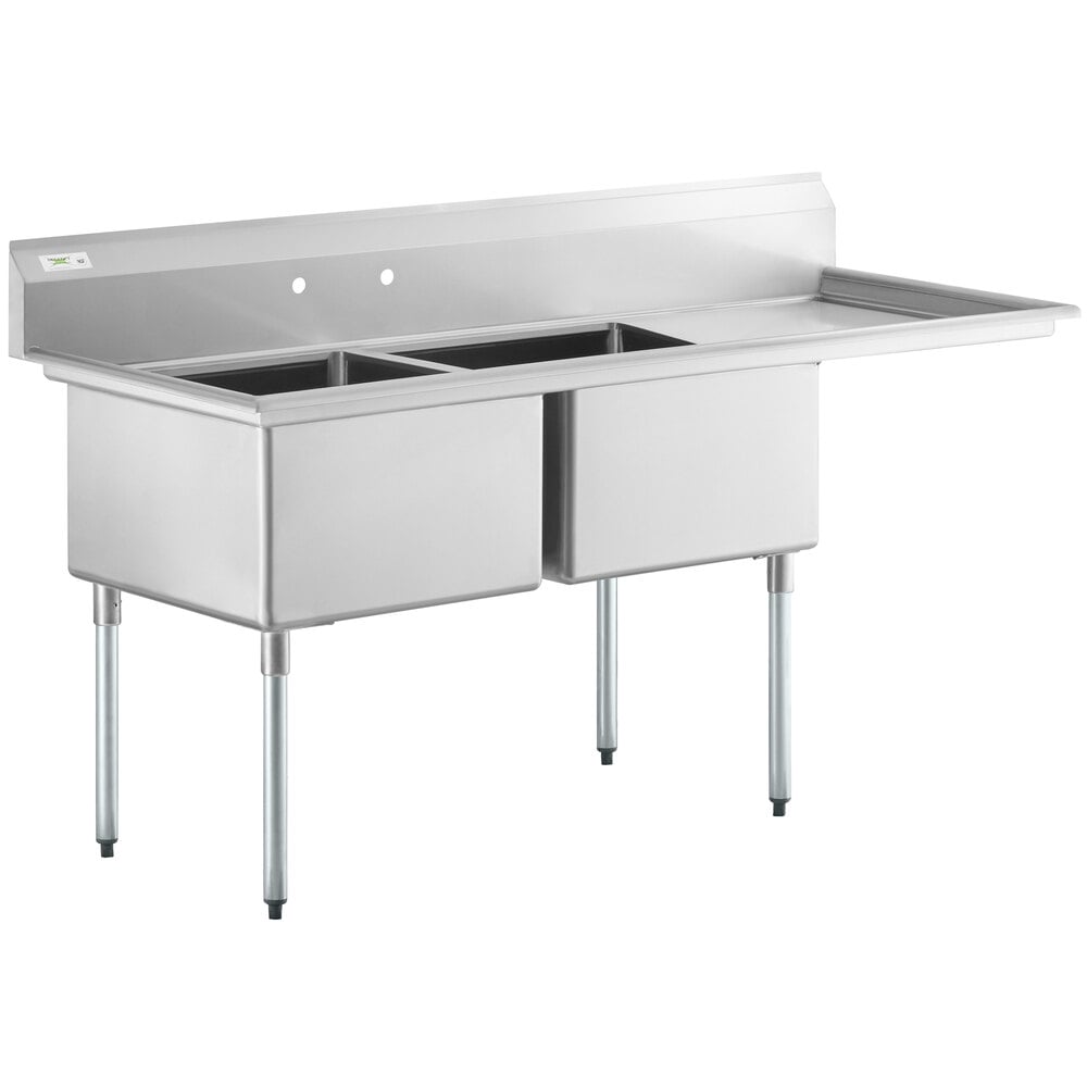 Regency 76 1/2" 16 Gauge Stainless Steel Two Compartment Commercial Sink with Galvanized Steel Legs and 1 Drainboard - 24" x 24" x 14" Bowls - Right Drainboard