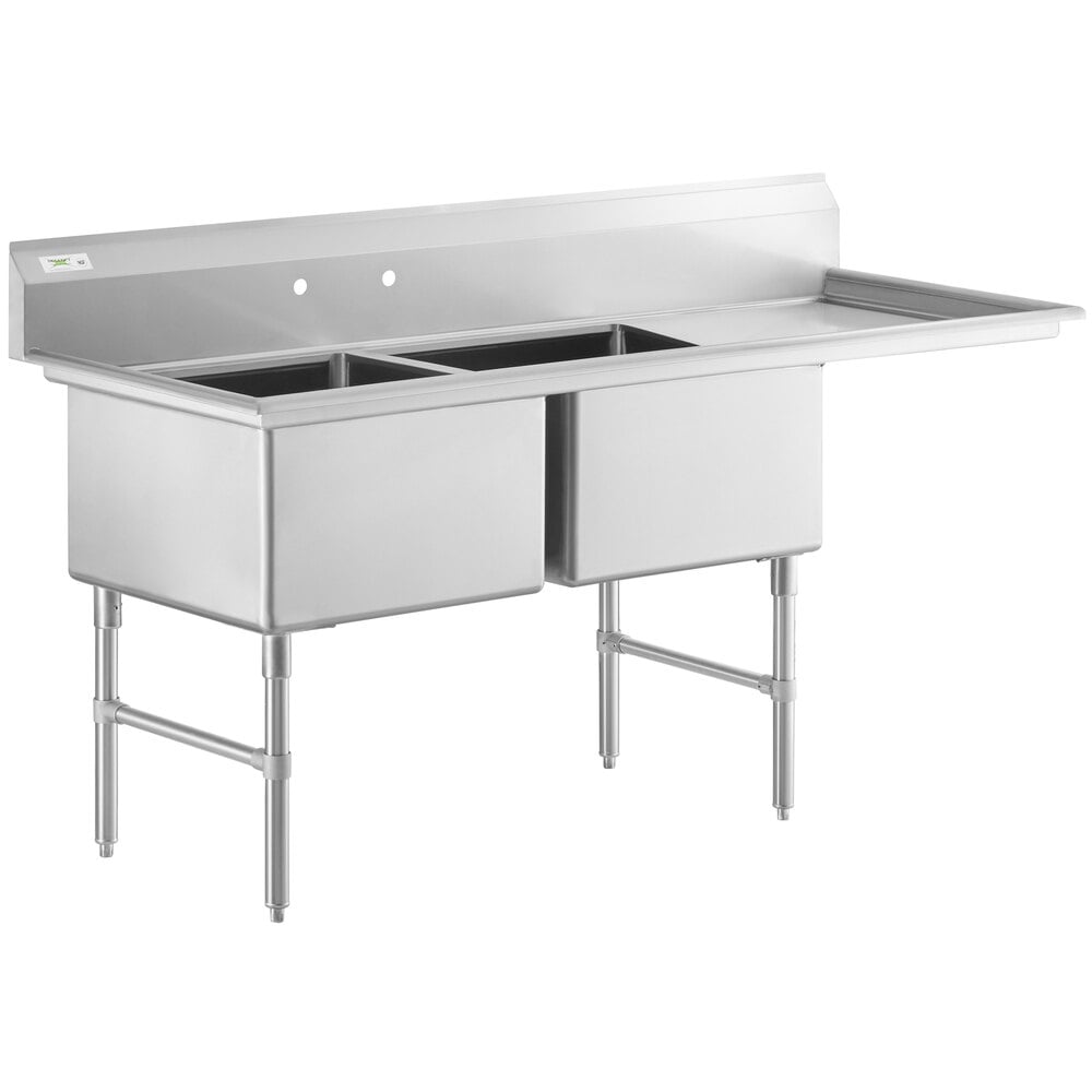 Regency 76 1/2" 16 Gauge Stainless Steel Two Compartment Commercial Sink with Stainless Steel Legs, Cross Bracing, and 1 Drainboard - 24" x 24" x 14" Bowls - Right Drainboard