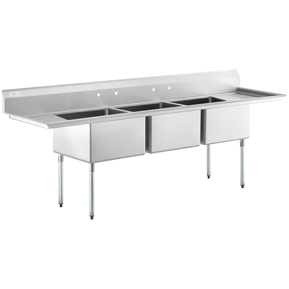 Regency 112" 16 Gauge Stainless Steel Three Compartment Commercial Sink with Galvanized Steel Legs and 2 Drainboards - 24" x 24" x 14" Bowls