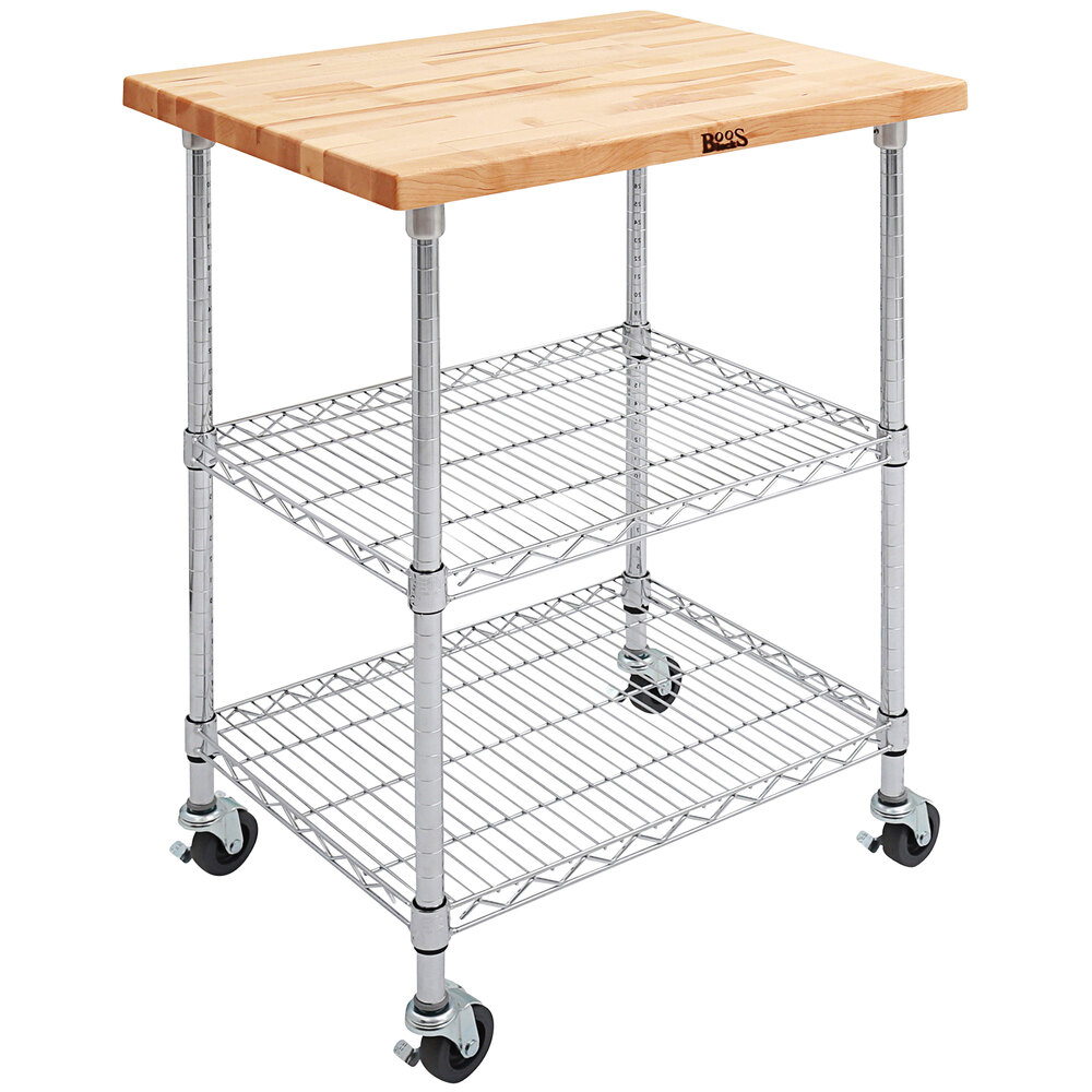 John Boos & Co. MET-MWC-2 Metropolitan 27" x 33" Two-Shelf Chrome Wire Utility Cart with Wood Top