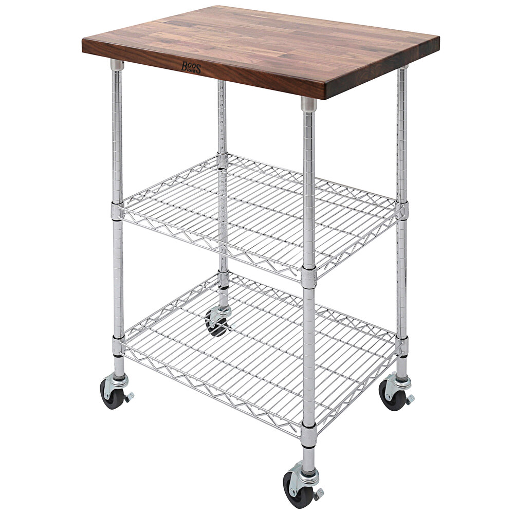 John Boos & Co. MET-WWC-2 Metropolitan 27" x 33" Two-Shelf Chrome Wire Utility Cart with Walnut Wood Top