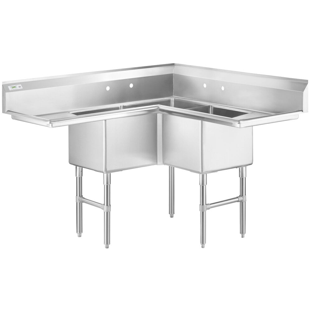 Regency 57" 16 Gauge Stainless Steel Three-Compartment Commercial Corner Sink with 2 Drainboards - 18" x 18" x 14" Bowls