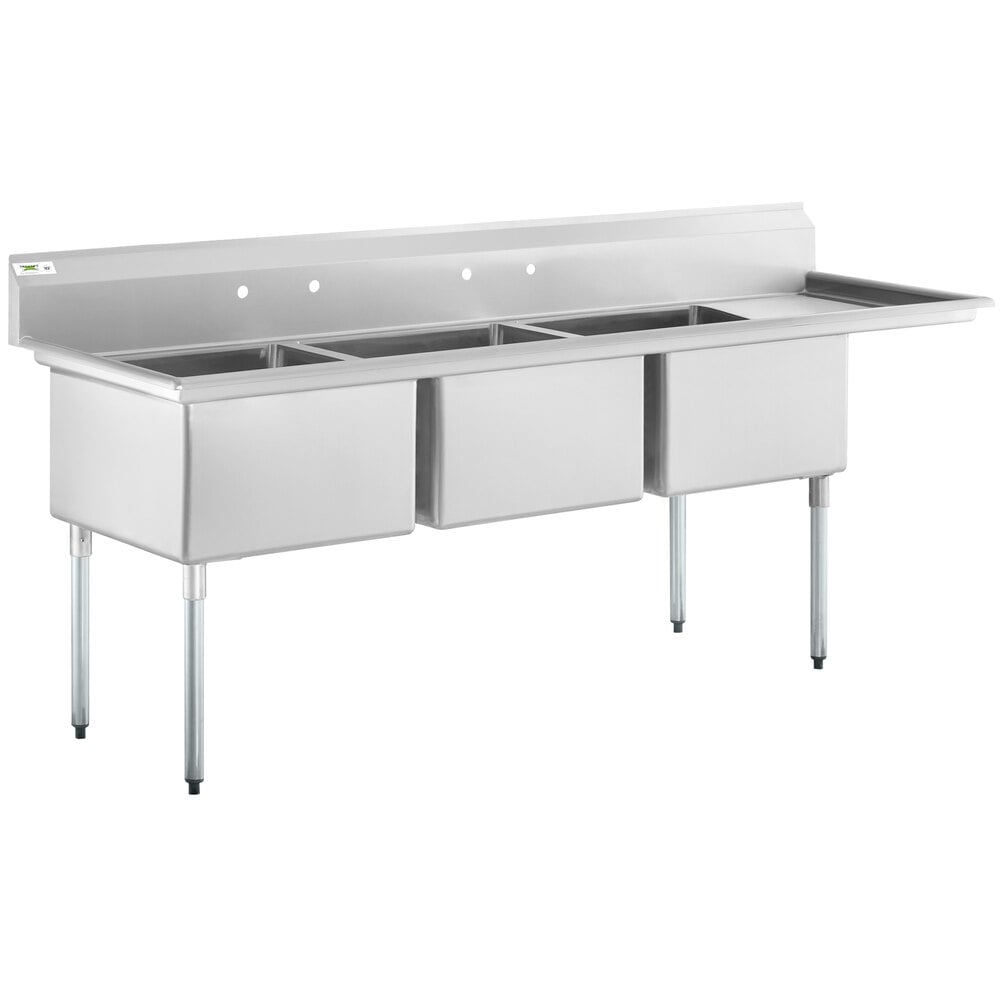 Regency 96 1/2" 16 Gauge Stainless Steel Three Compartment Commercial Sink with Galvanized Steel Legs and 1 Drainboard - 24" x 24" x 14" Bowls - Right Drainboard