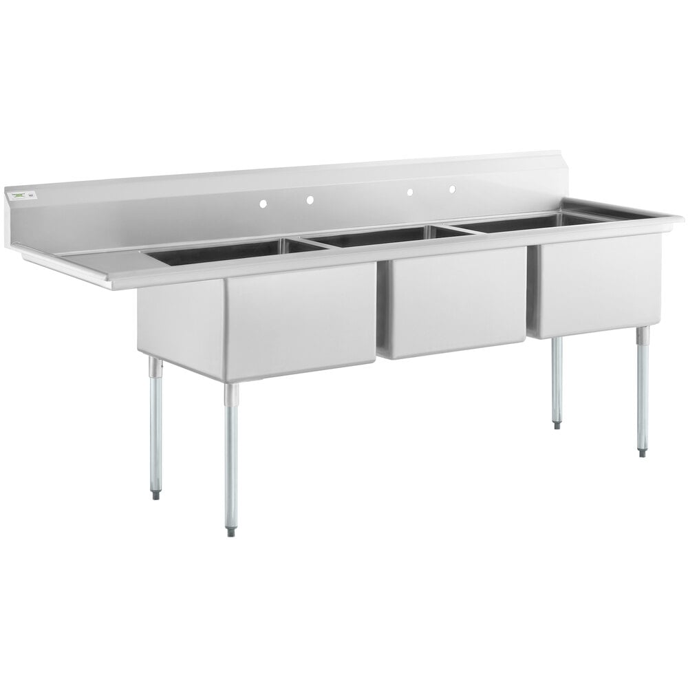 Regency 96 1/2" 16 Gauge Stainless Steel Three Compartment Commercial Sink with Galvanized Steel Legs and 1 Drainboard - 24" x 24" x 14" Bowls - Left Drainboard