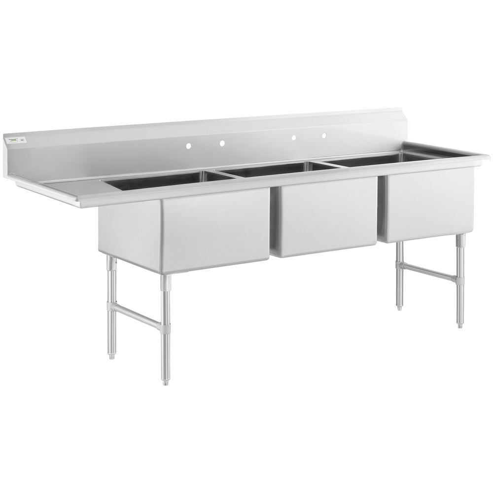 Regency 96 1/2" 16 Gauge Stainless Steel Three Compartment Commercial Sink with Stainless Steel Legs, Cross Bracing, and 1 Drainboard - 24" x 24" x 14" Bowls - Left Drainboard
