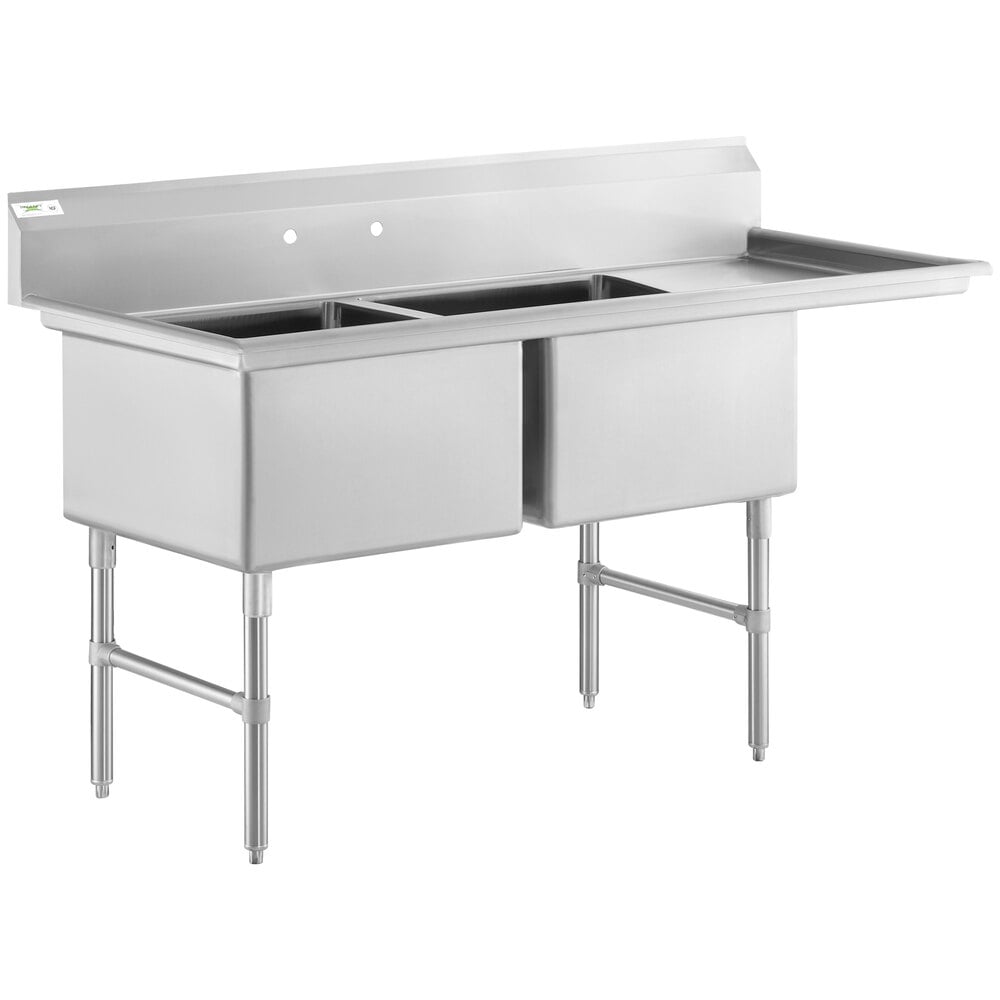 Regency 70 1/2" 16 Gauge Stainless Steel Two Compartment Commercial Sink with Stainless Steel Legs, Cross Bracing, and 1 Drainboard - 24" x 24" x 14" Bowls - Right Drainboard