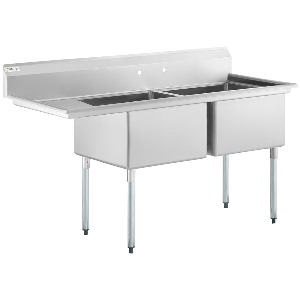 Regency 70 1/2" 16 Gauge Stainless Steel Two Compartment Commercial Sink with Galvanized Steel Legs and 1 Drainboard - 24" x 24" x 14" Bowls - Left Drainboard