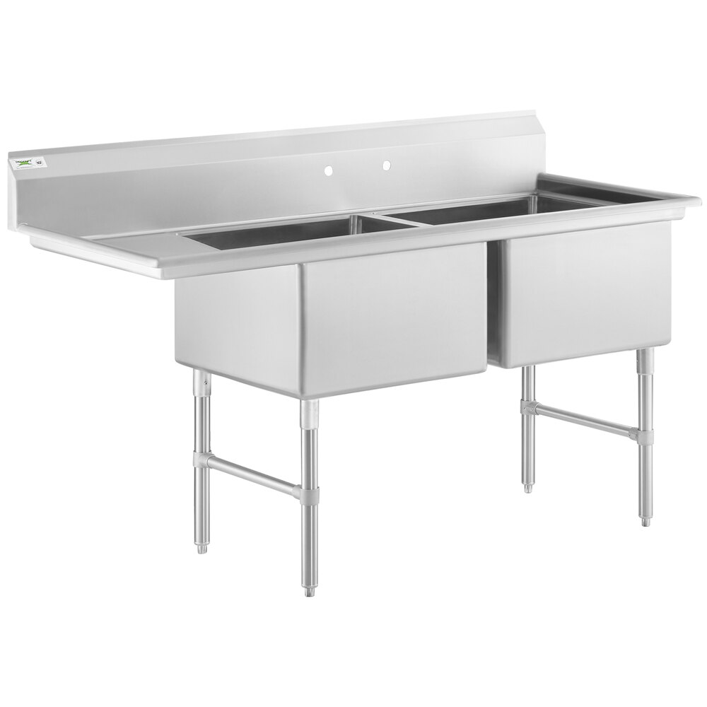 Regency 70 1/2" 16 Gauge Stainless Steel Two Compartment Commercial Sink with Stainless Steel Legs, Cross Bracing, and 1 Drainboard - 24" x 24" x 14" Bowls - Left Drainboard