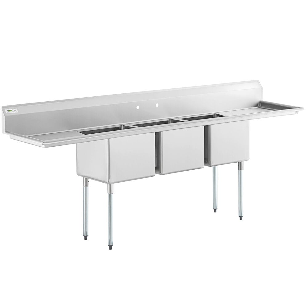 Regency 106" 16 Gauge Stainless Steel Three Compartment Commercial Sink with Galvanized Steel Legs and 2 Drainboards - 18" x 18" x 14" Bowls