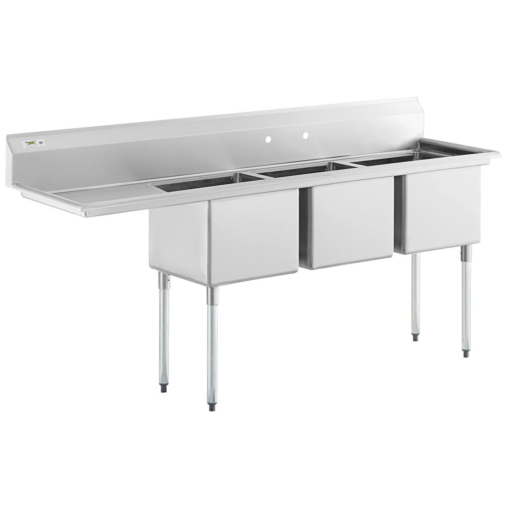 Regency 84 1/2" 16 Gauge Stainless Steel Three Compartment Commercial Sink with Galvanized Steel Legs and 1 Drainboard - 18" x 18" x 14" Bowls - Left Drainboard