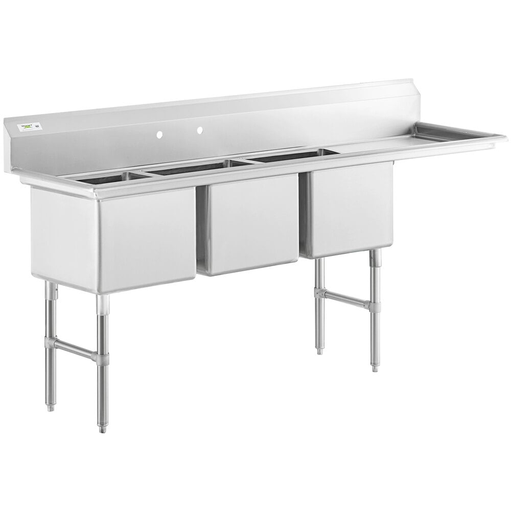 Regency 84 1/2" 16 Gauge Stainless Steel Three Compartment Commercial Sink with Stainless Steel Legs, Cross Bracing, and 1 Drainboard - 18" x 18" x 14" Bowls - Right Drainboard