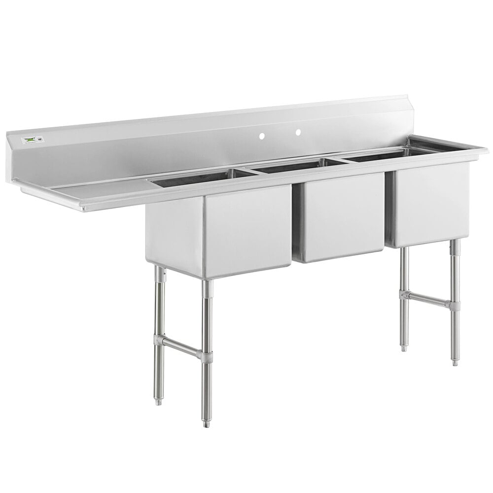 Regency 84 1/2" 16 Gauge Stainless Steel Three Compartment Commercial Sink with Stainless Steel Legs, Cross Bracing, and 1 Drainboard - 18" x 18" x 14" Bowls - Left Drainboard