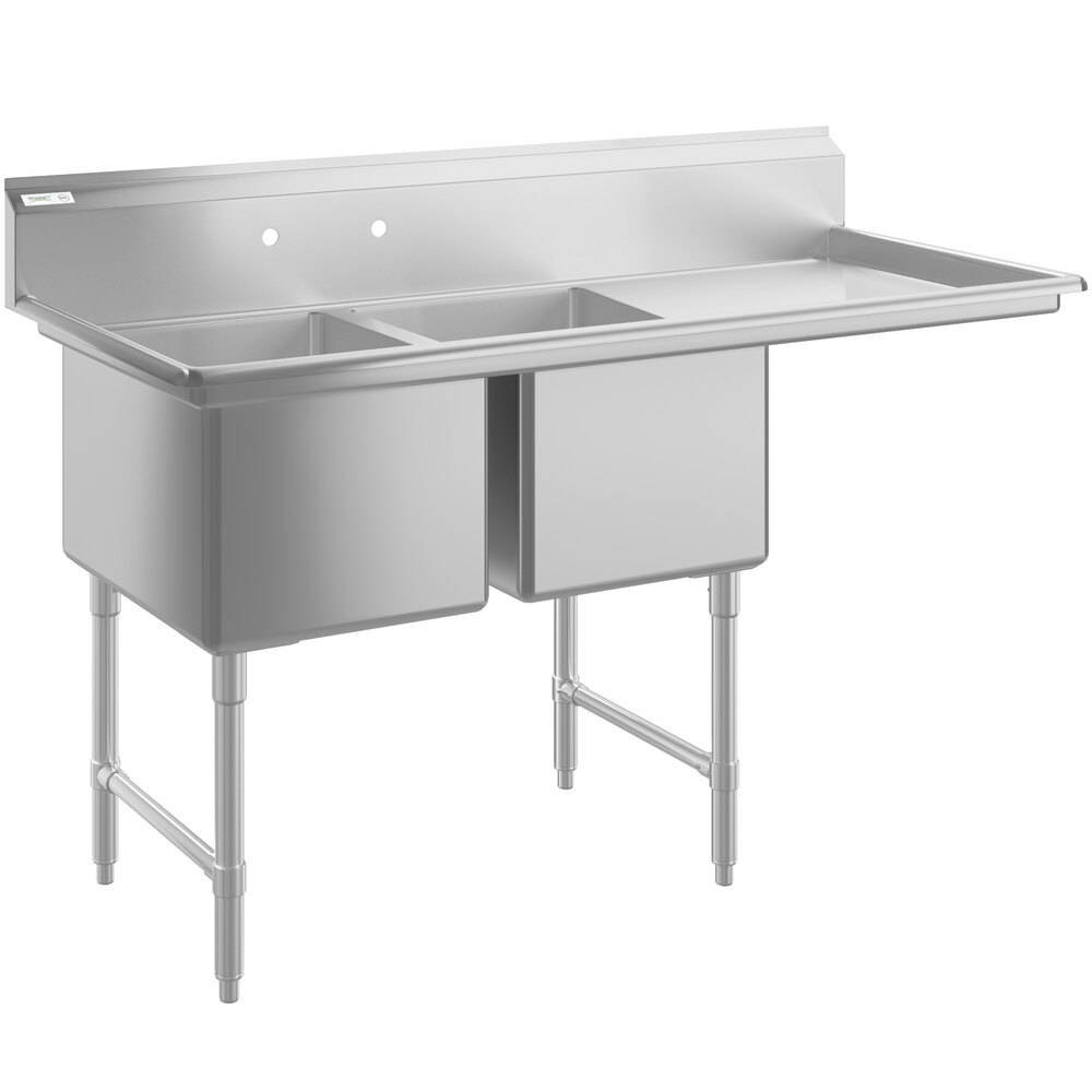 Regency 64 1/2" 16 Gauge Stainless Steel Two Compartment Commercial Sink with Stainless Steel Legs, Cross Bracing, and 1 Drainboard - 18" x 24" x 14" Bowls