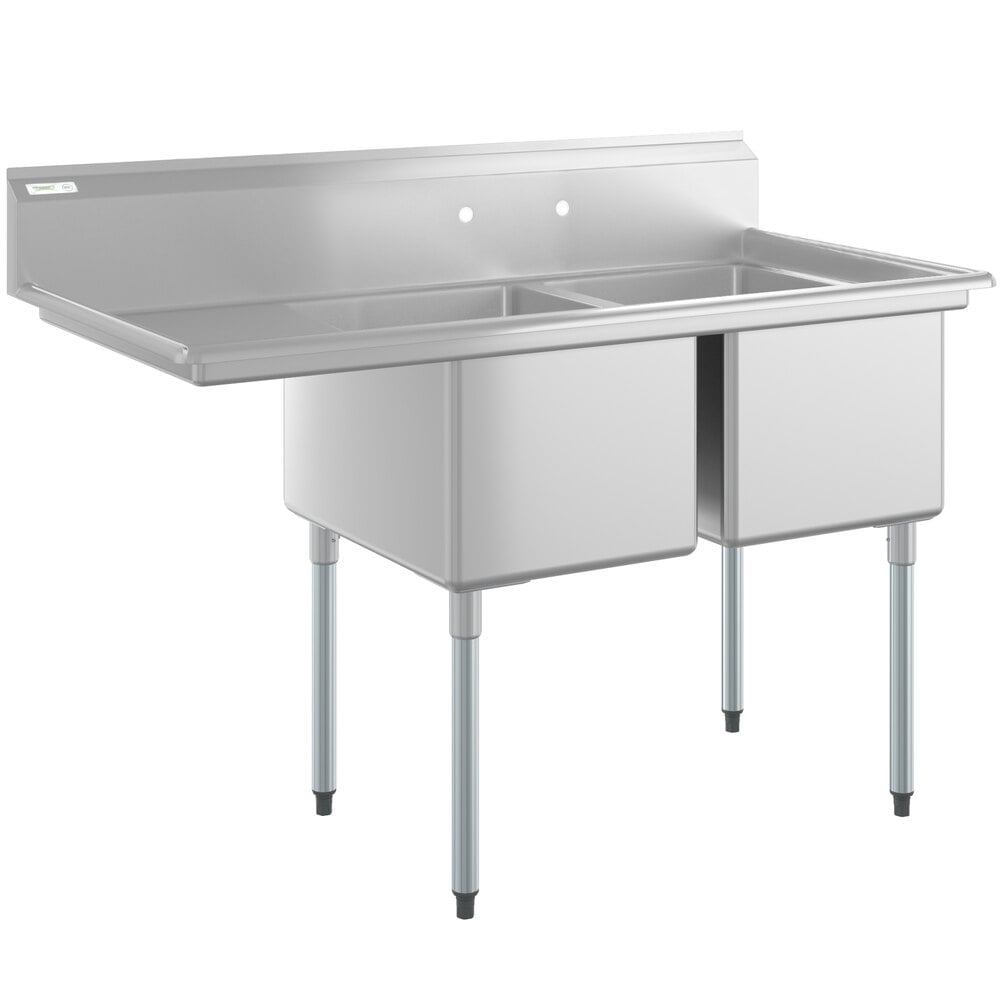 Regency 58 1/2" 16-Gauge Stainless Steel Two Compartment Commercial Sink with Galvanized Legs and 1 Drainboard - 18" x 24" x 14" Bowls - Left Drainboard