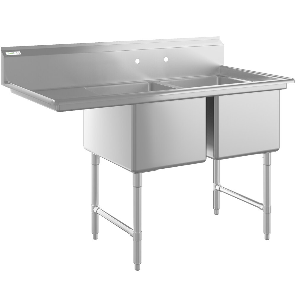 Regency 58 1/2" 16-Gauge Stainless Steel Two Compartment Commercial Sink with Stainless Steel Legs, Cross Bracing, and 1 Drainboard - 18" x 24" x 14" Bowls - Left Drainboard
