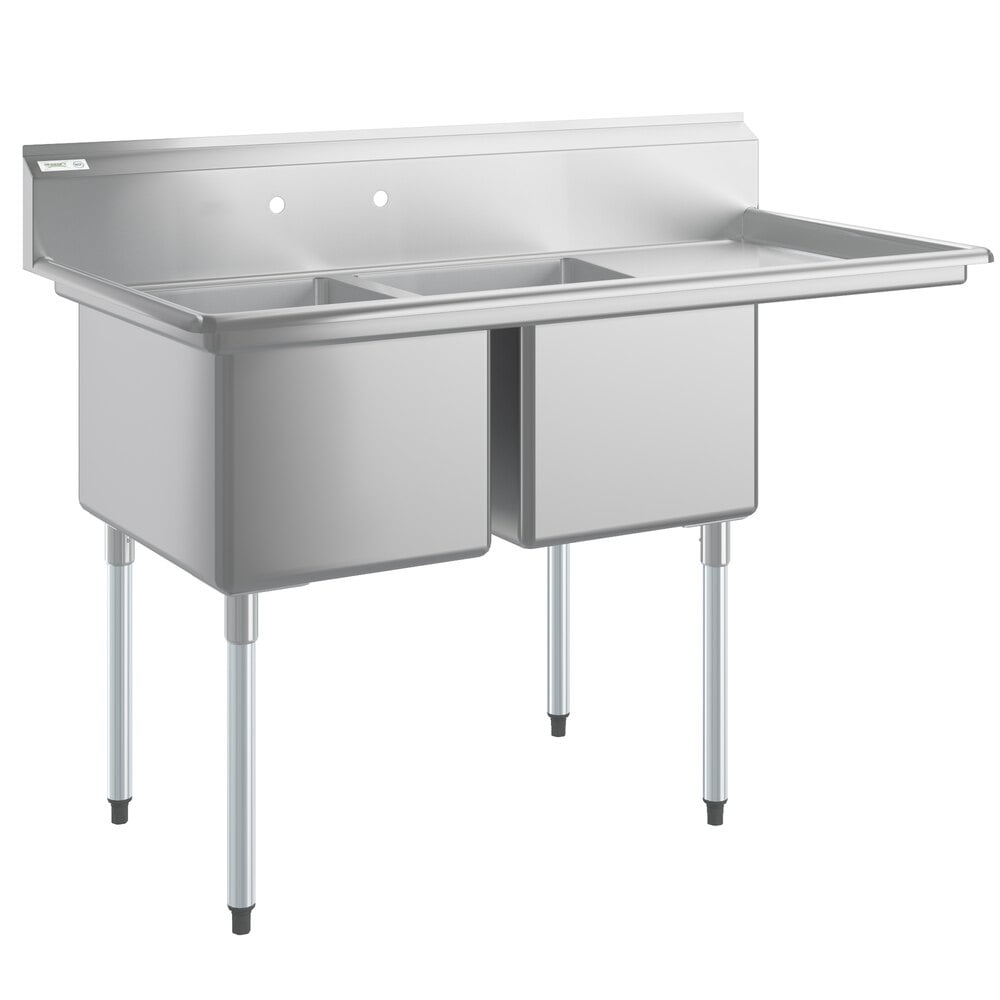 Regency 58 1/2" 16-Gauge Stainless Steel Two Compartment Commercial Sink with Galvanized Legs and 1 Drainboard - 18" x 24" x 14" Bowls - Right Drainboard
