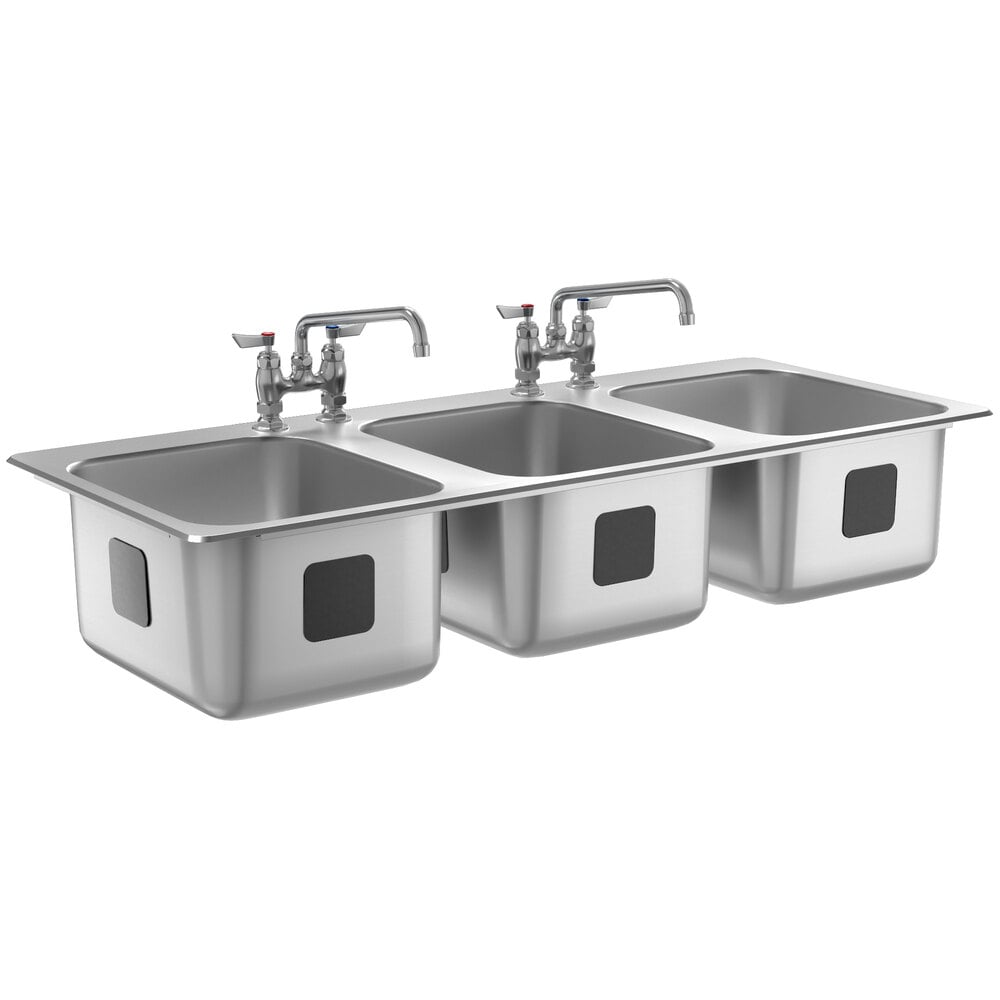 Waterloo 14" x 16" x 10" 18 Gauge Stainless Steel Three Compartment Drop-In Sink with (2) 10" Swing Faucets