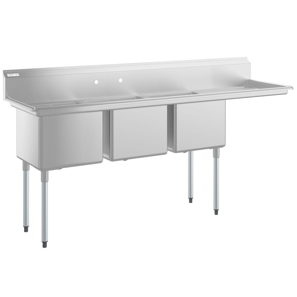 Regency 84 1/2" 16 Gauge Stainless Steel Three Compartment Commercial Sink with Galvanized Steel Legs and 1 Drainboard - 18" x 18" x 14" Bowls - Right Drainboard