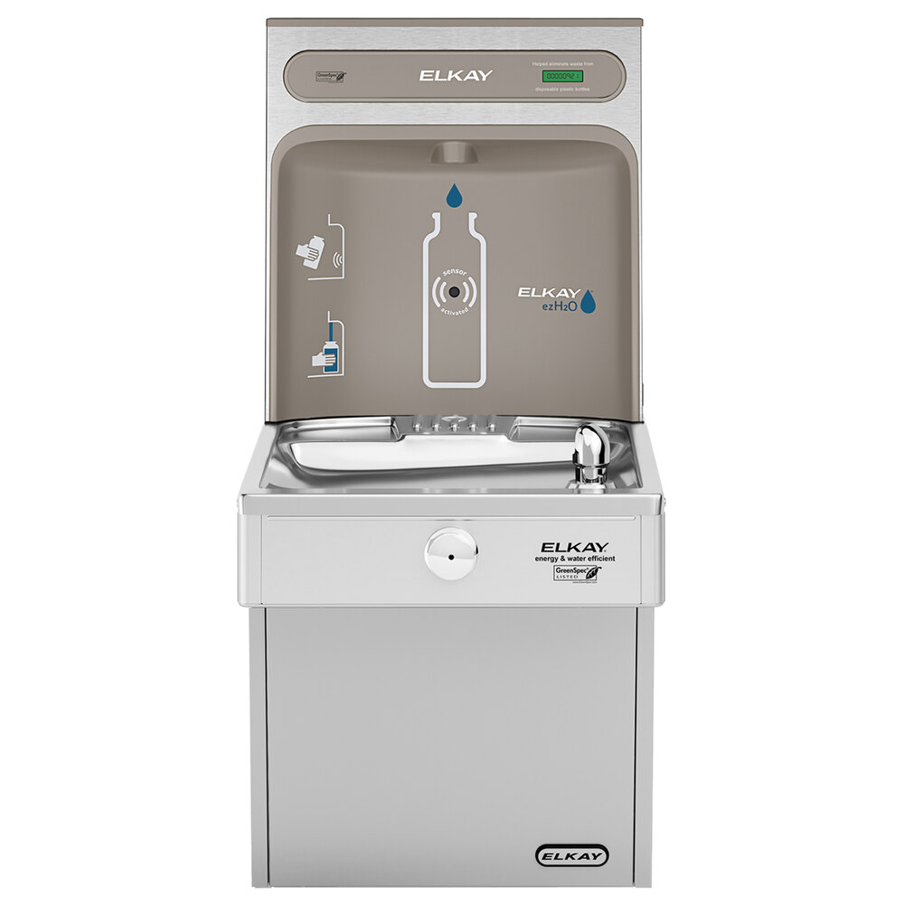 Zurn Elkay VRCGRN8WSK ezH20 8 GPH Stainless Steel High-Efficiency Hands-Free Non-Filtered Bottle Filling Station with Vandal-Resistant Drinking Fountain - Chilled