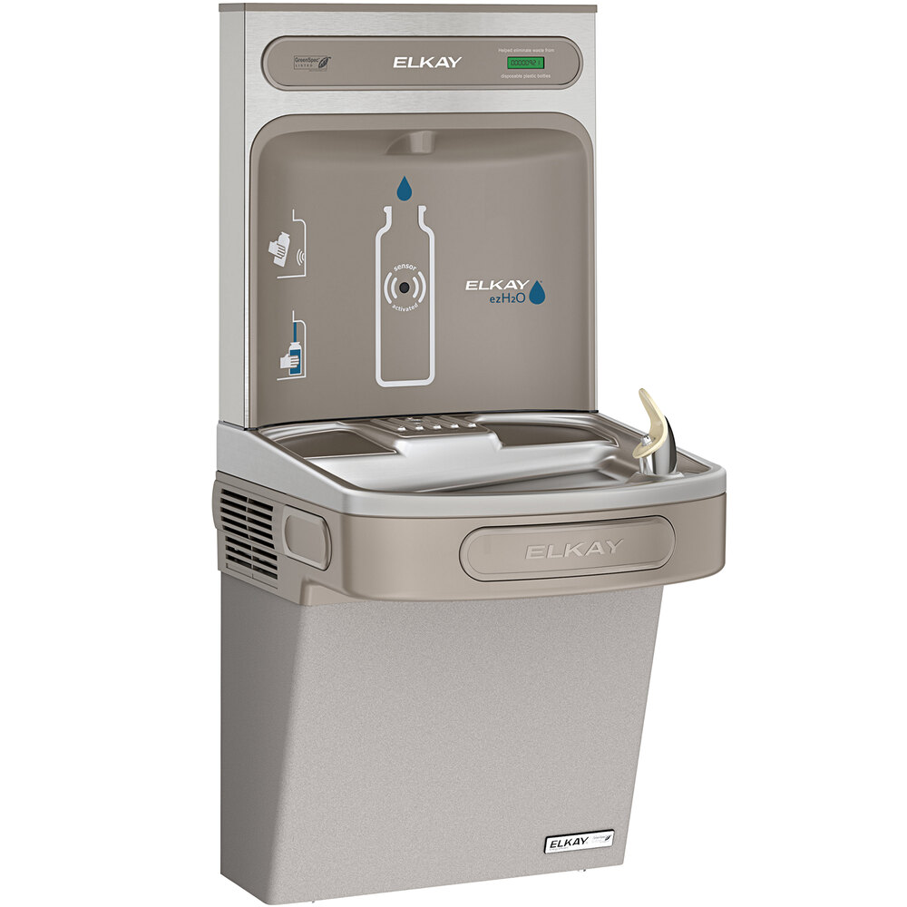 Zurn Elkay EZSG8WSLK ezH20 8 GPH Light Gray High-Efficiency Hands-Free Non-Filtered Bottle Filling Station with Drinking Fountain - Chilled