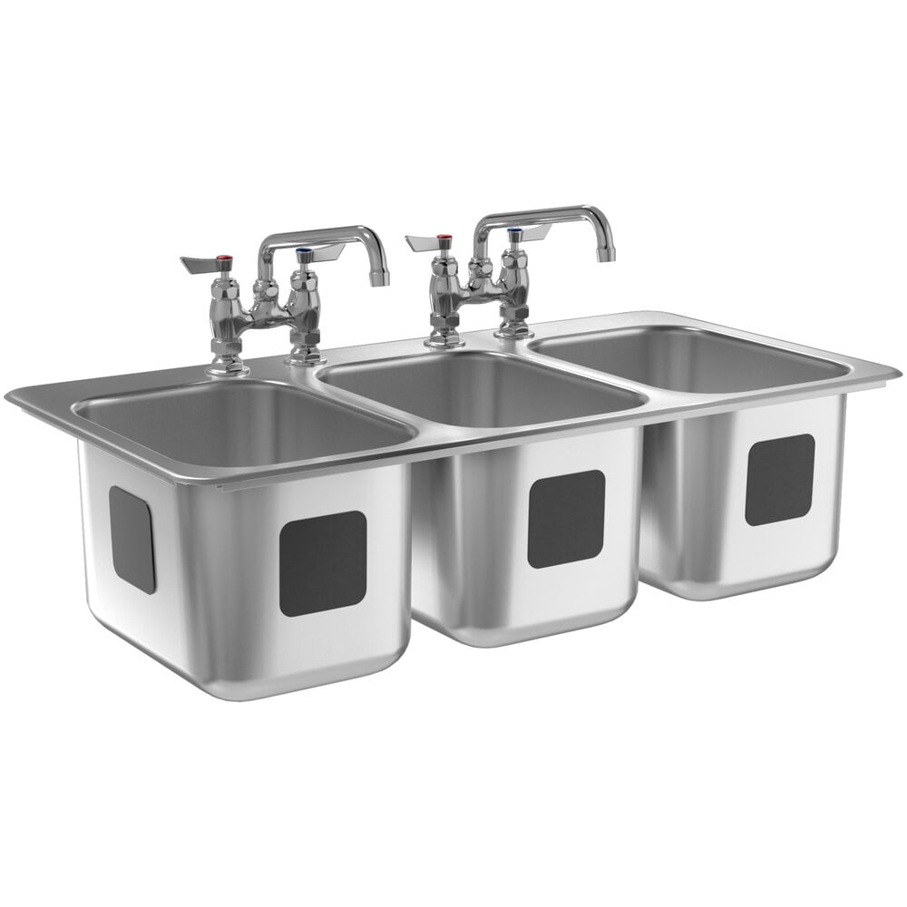 Waterloo 10" x 14" x 10" 18 Gauge Stainless Steel Three Compartment Drop-In Sink with (2) 10" Swing Faucets