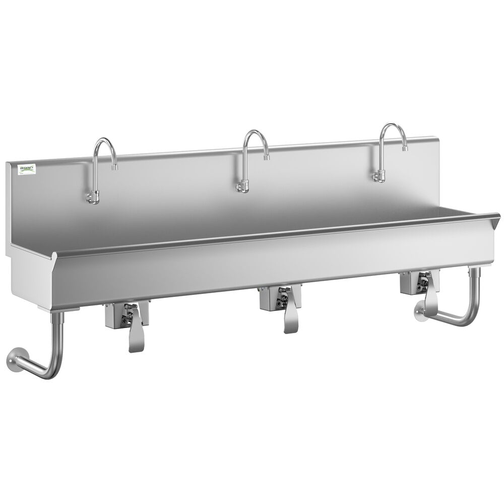 Regency Wall-Mounted 72" x 17 1/2" Hand Sink with 3 Knee-Operated Single-Inlet Faucets