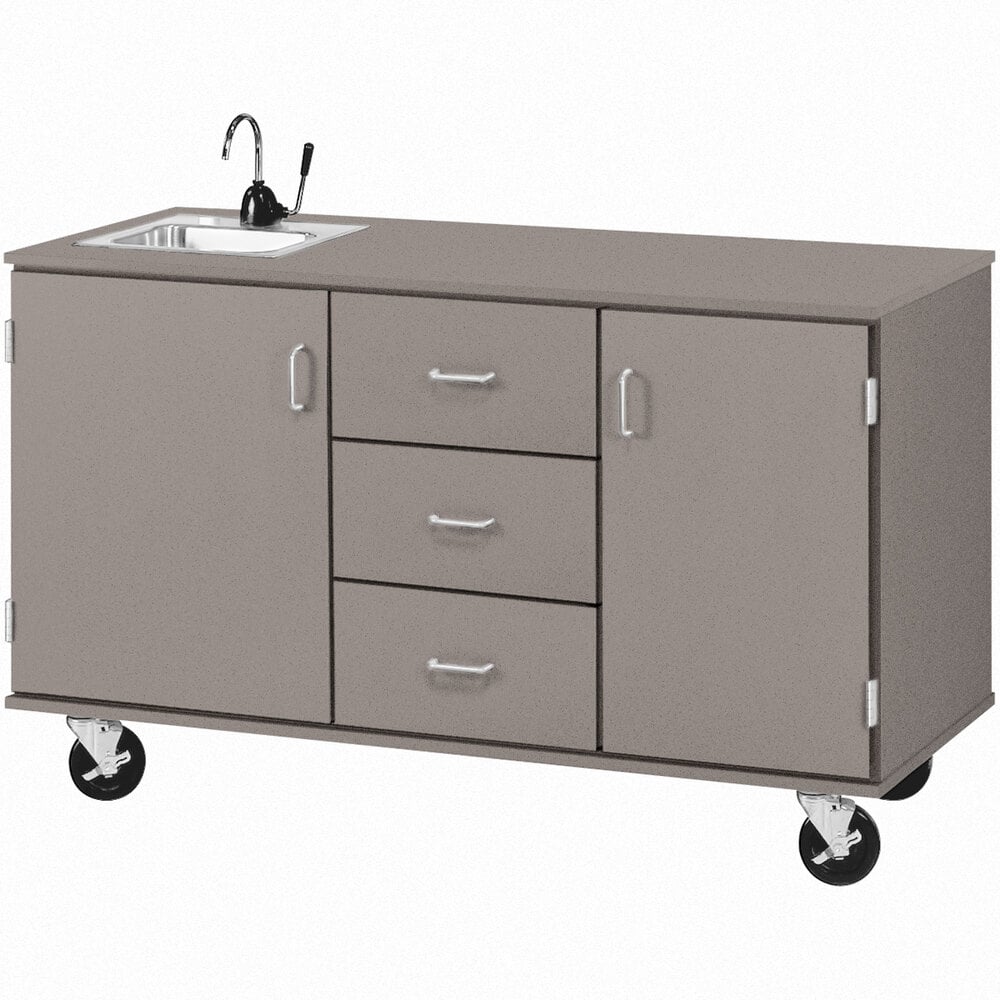 I.D. Systems 59" Wide Grey Nebula Demonstration Station with Sink, (3) Drawers, and (2) Storage Cabinets 80741F36059