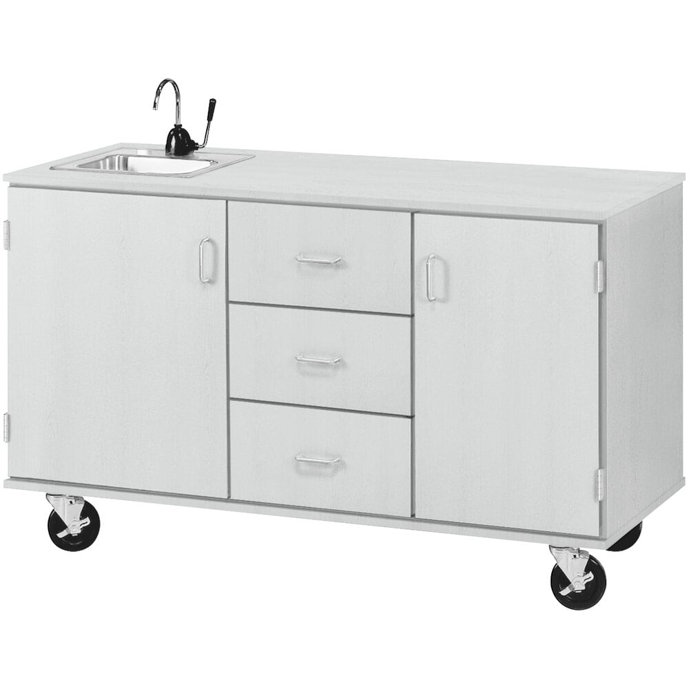 I.D. Systems 59" Wide Fashion Grey Demonstration Station with Sink, (3) Drawers, and (2) Storage Cabinets 80741F36010