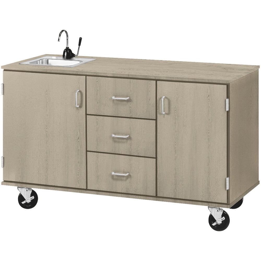 I.D. Systems 59" Wide Natural Elm Demonstration Station with Sink, (3) Drawers, and (2) Storage Cabinets 80741F36019