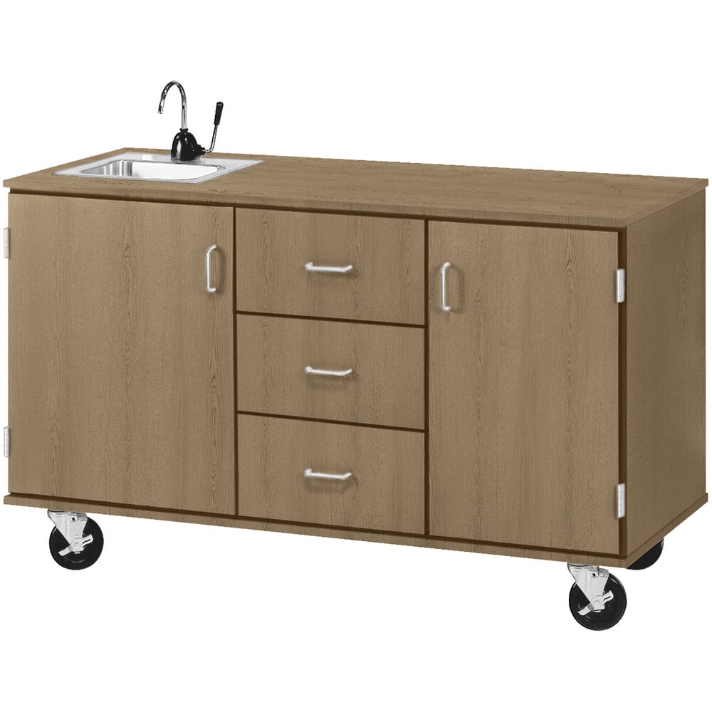 I.D. Systems 59" Wide Roman Walnut Demonstration Station with Sink, (3) Drawers, and (2) Storage Cabinets 80741F36021