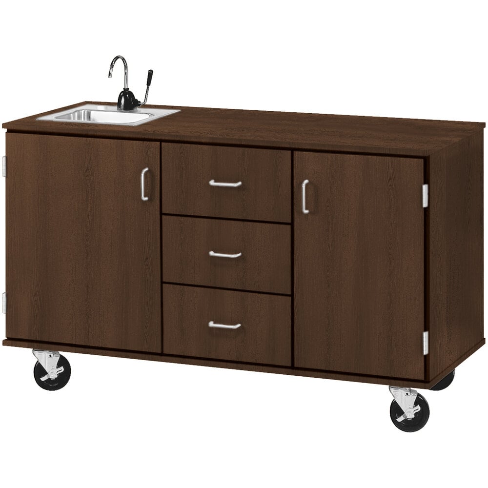 I.D. Systems 59" Wide Dark Walnut Demonstration Station with Sink, (3) Drawers, and (2) Storage Cabinets 80741F36022