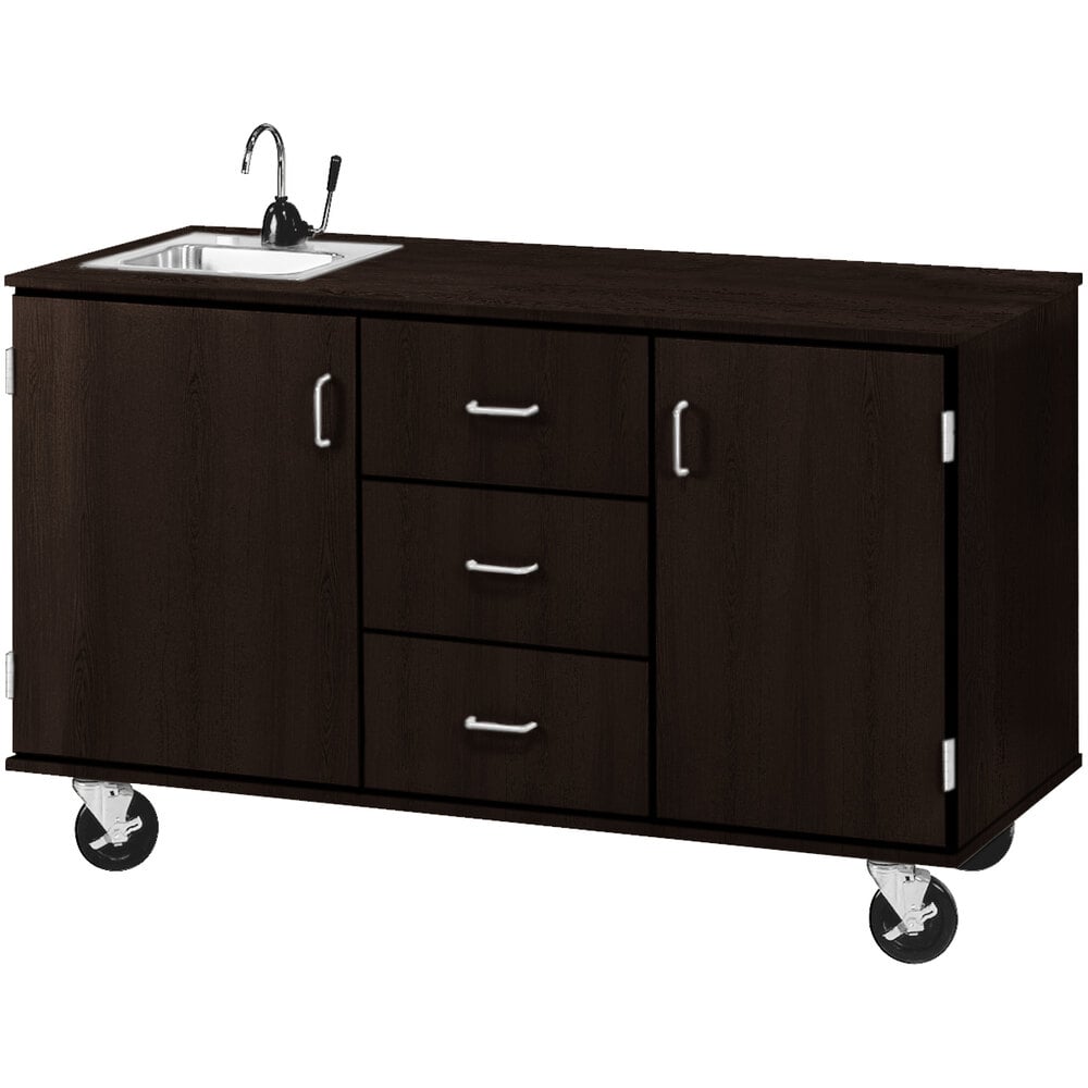 I.D. Systems 59" Wide Midnight Maple Demonstration Station with Sink, (3) Drawers, and (2) Storage Cabinets 80741F36023