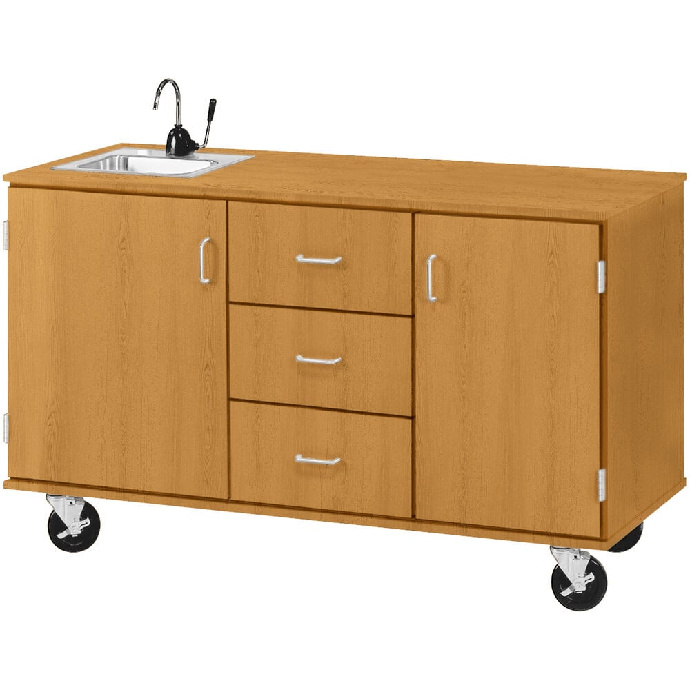 I.D. Systems 59" Wide Light Oak Demonstration Station with Sink, (3) Drawers, and (2) Storage Cabinets 80741F36024