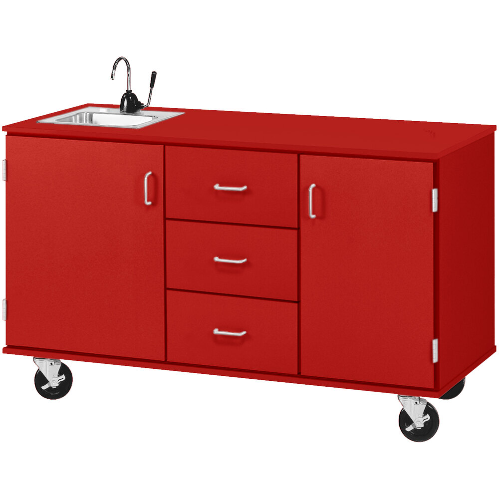 I.D. Systems 59" Wide Tulip Red Demonstration Station with Sink, (3) Drawers, and (2) Storage Cabinets 80741F36043