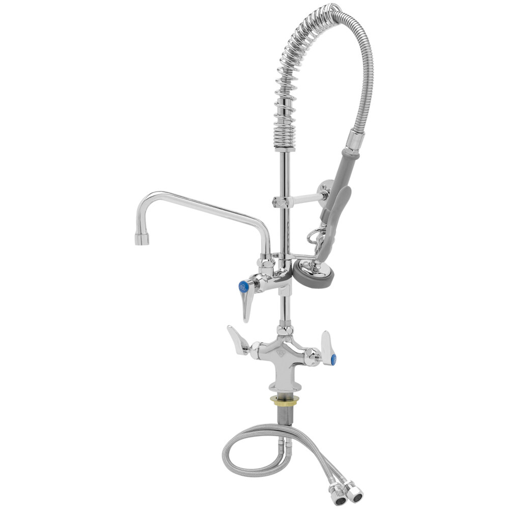 T&S MPZ-2DLN-08-CRF Low Profile Deck Mounted Pre-Rinse Faucet with Flex Inlets, 24" Hose, 1.15 GPM Spray Valve, 8" Add-On Faucet, and Wall Bracket