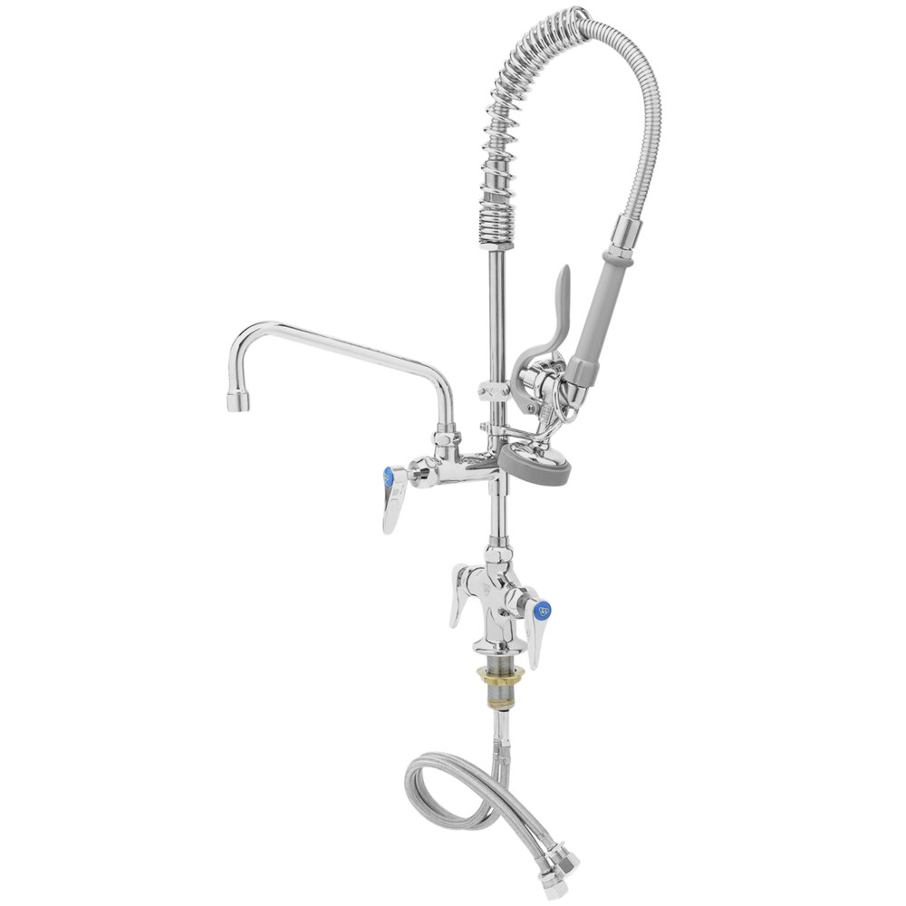 T&S MPZ-2DLN-08-CR EasyInstall Deck Mounted 24 13/16" High Mini Pre-Rinse Faucet with Flex Inlets, 24" Hose, 8" Add-On Faucet, and 6" Wall Bracket