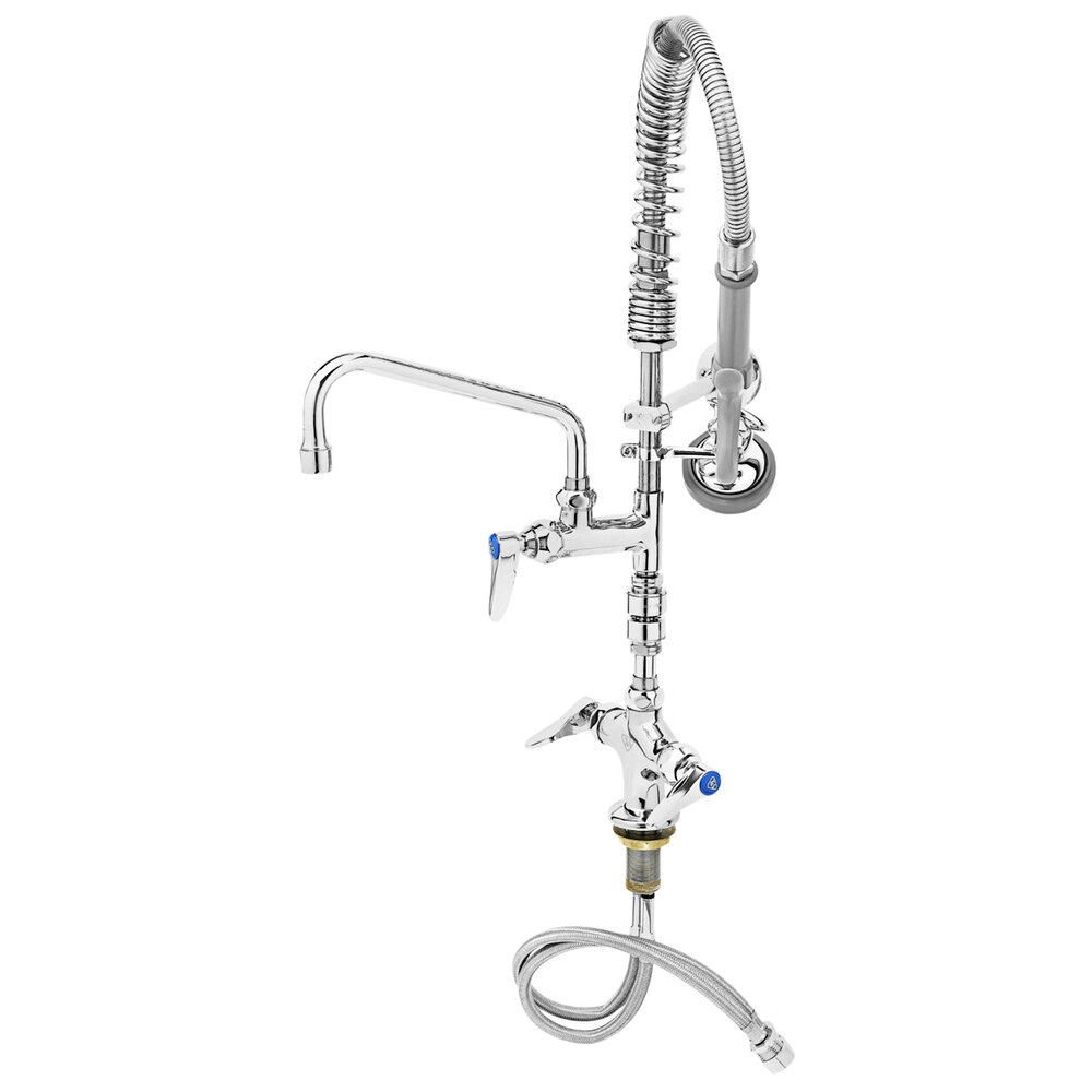 T&S MPZ-2DWV-08 EasyInstall Deck Mounted 23 13/16" High Mini Pre-Rinse Faucet with Flex Inlets, 4" Wrist Action Handles, 24" Hose, 8" Add-On Faucet, Vacuum Breaker, and 6" Wall Bracket