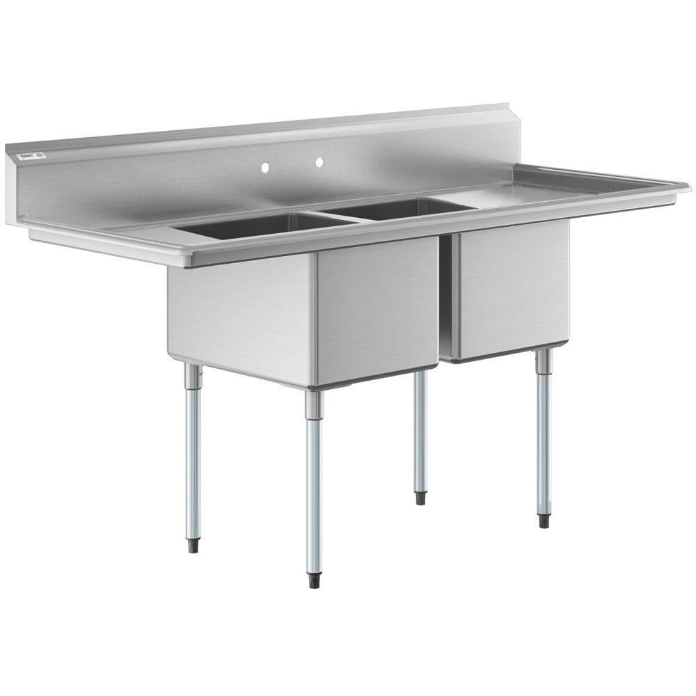 Regency 74" 16 Gauge Stainless Steel Two Compartment Commercial Sink with Galvanized Steel Legs and 2 Drainboards - 18" x 24" x 14" Bowls