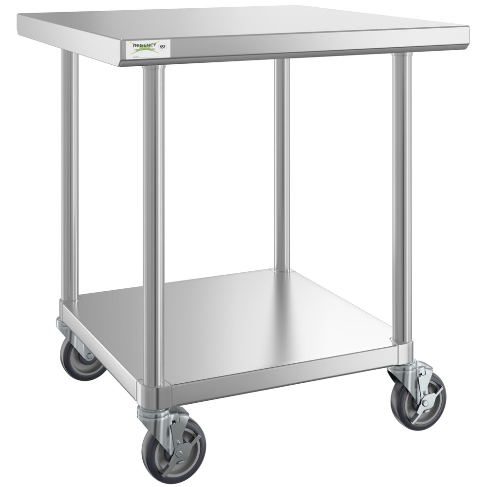 2318403.jpg Regency 30" x 30" 16-Gauge 304 Stainless Steel Commercial Work Table with Undershelf and Casters