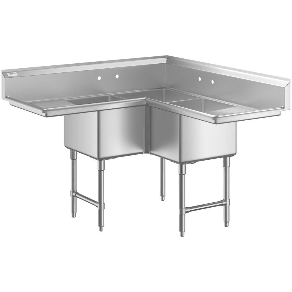 Regency 57" 16 Gauge Stainless Steel Three Compartment Commercial Corner Sink with 2 Drainboards - 16" x 20" x 14" Bowls