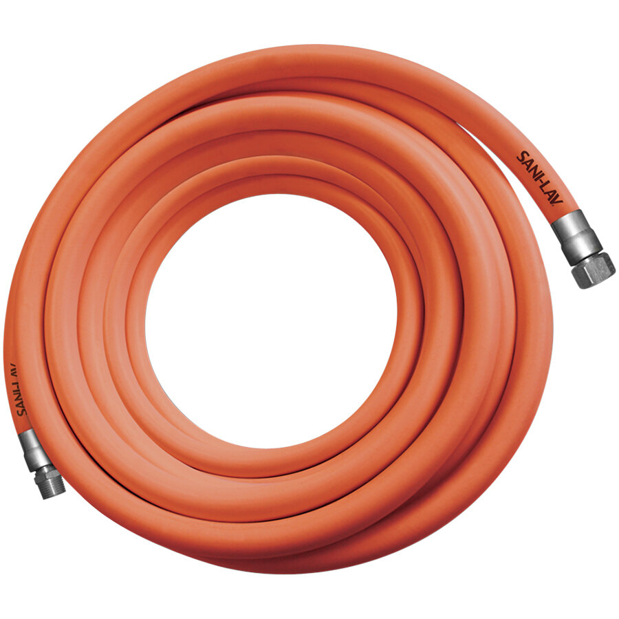 Sani-Lav H753 75' Safety Orange Washdown Hose with Stainless Steel 3/4" Swivel MGHT and 3/4" FHGT Connections