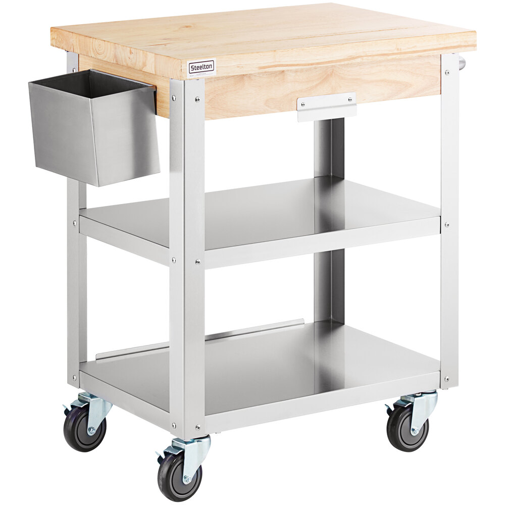 Steelton Wood Top Work Cart with Stainless Steel Base and Undershelves - 32" x 20" x 35"