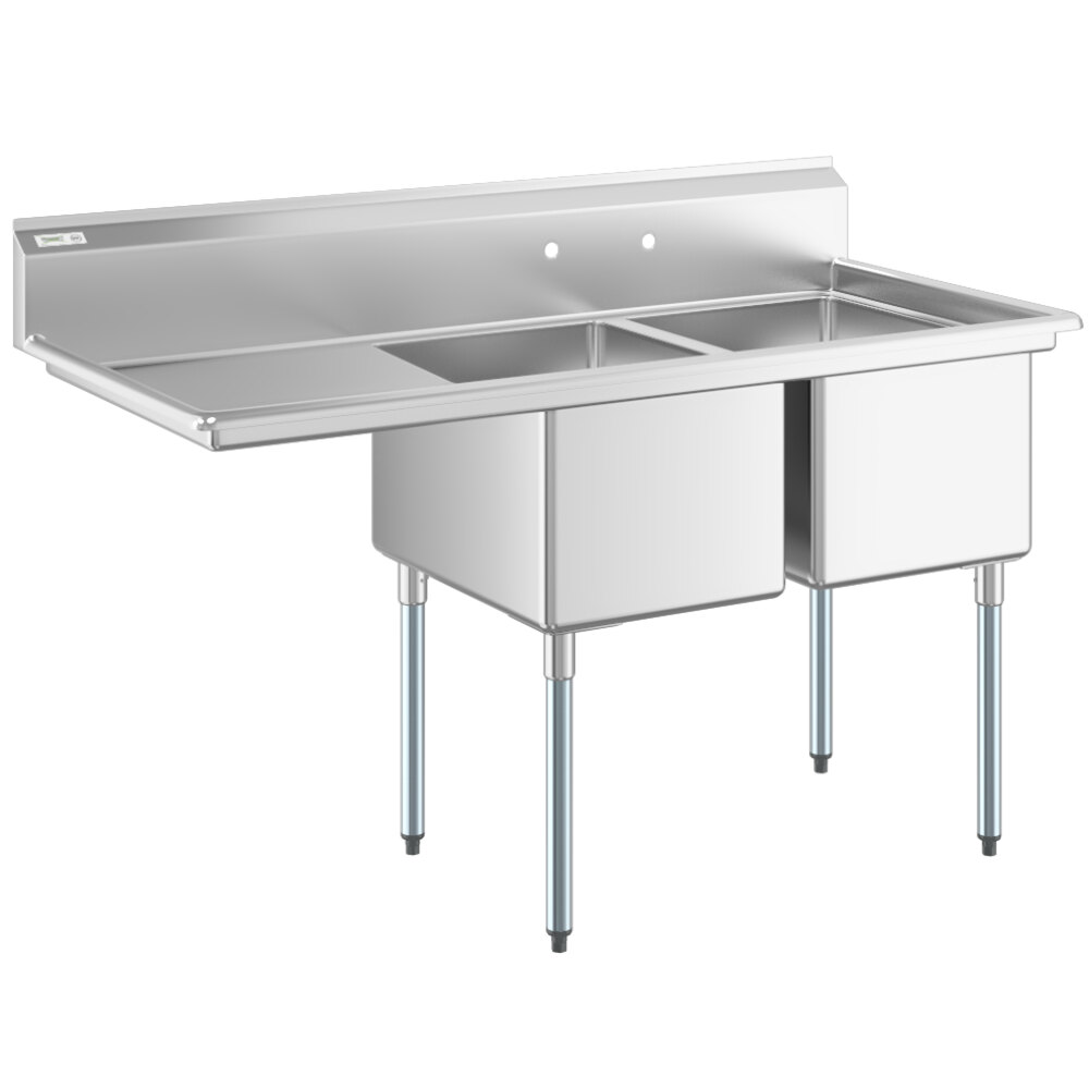 Regency 64 1/2" 16-Gauge Stainless Steel Two Compartment Commercial Sink with Galvanized Steel Legs and 1 Drainboard - 18" x 24" x 14" Bowls - Left Drainboard