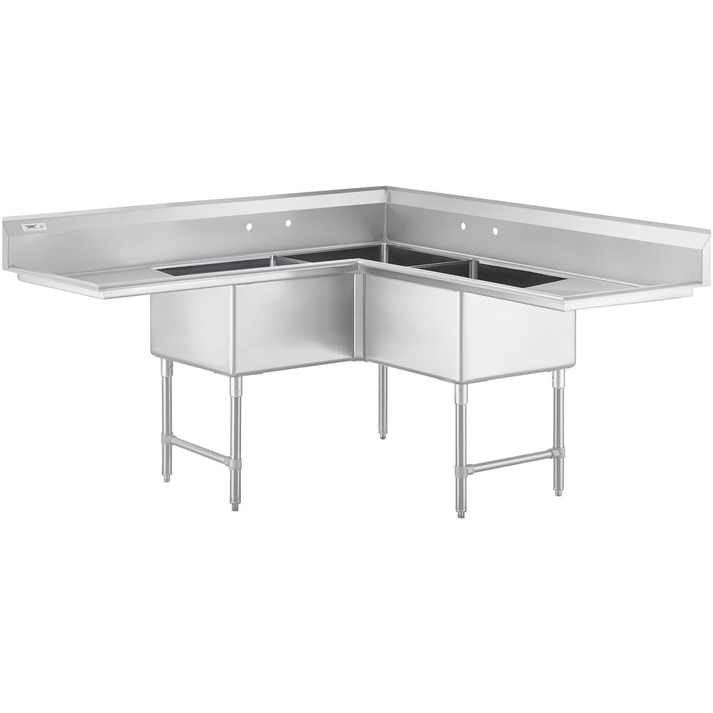 Regency 74 1/2" 16 Gauge Stainless Steel Three Compartment Commercial Corner Sink with Two Drainboards - 24" x 24" x 14" Bowls