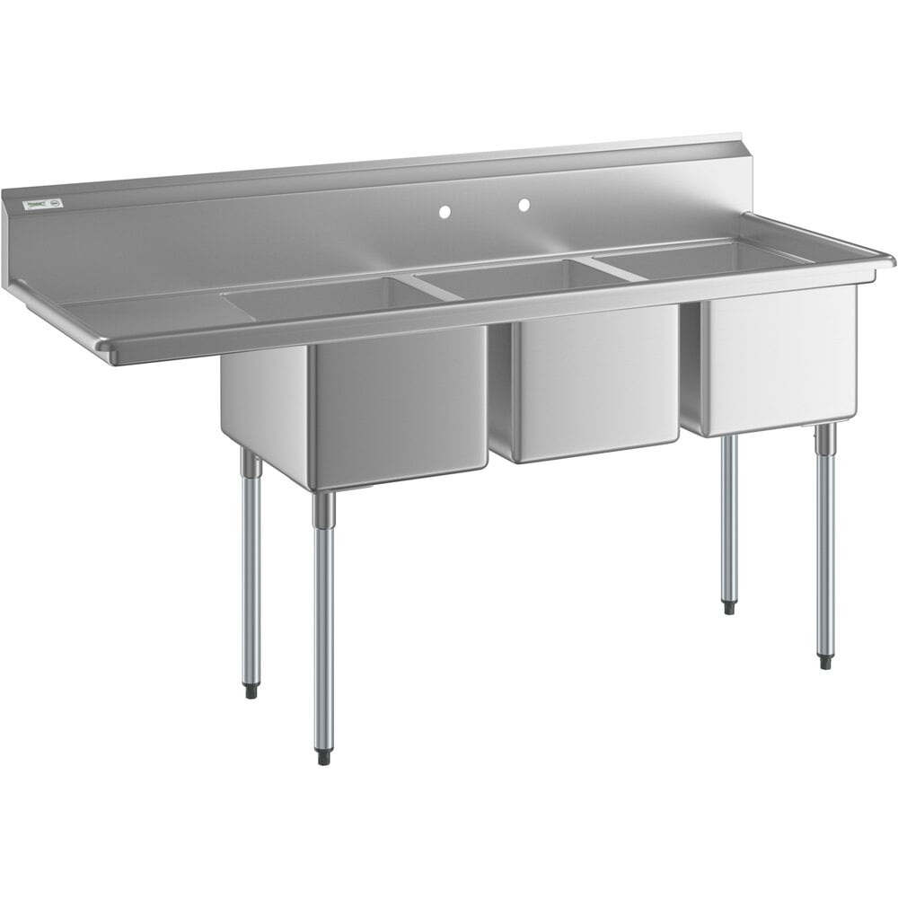 Regency 72 1/2" 16 Gauge Stainless Steel Three Compartment Commercial Sink with Galvanized Steel Legs and 1 Drainboard - 16" x 20" x 12" Bowls - Left Drainboard