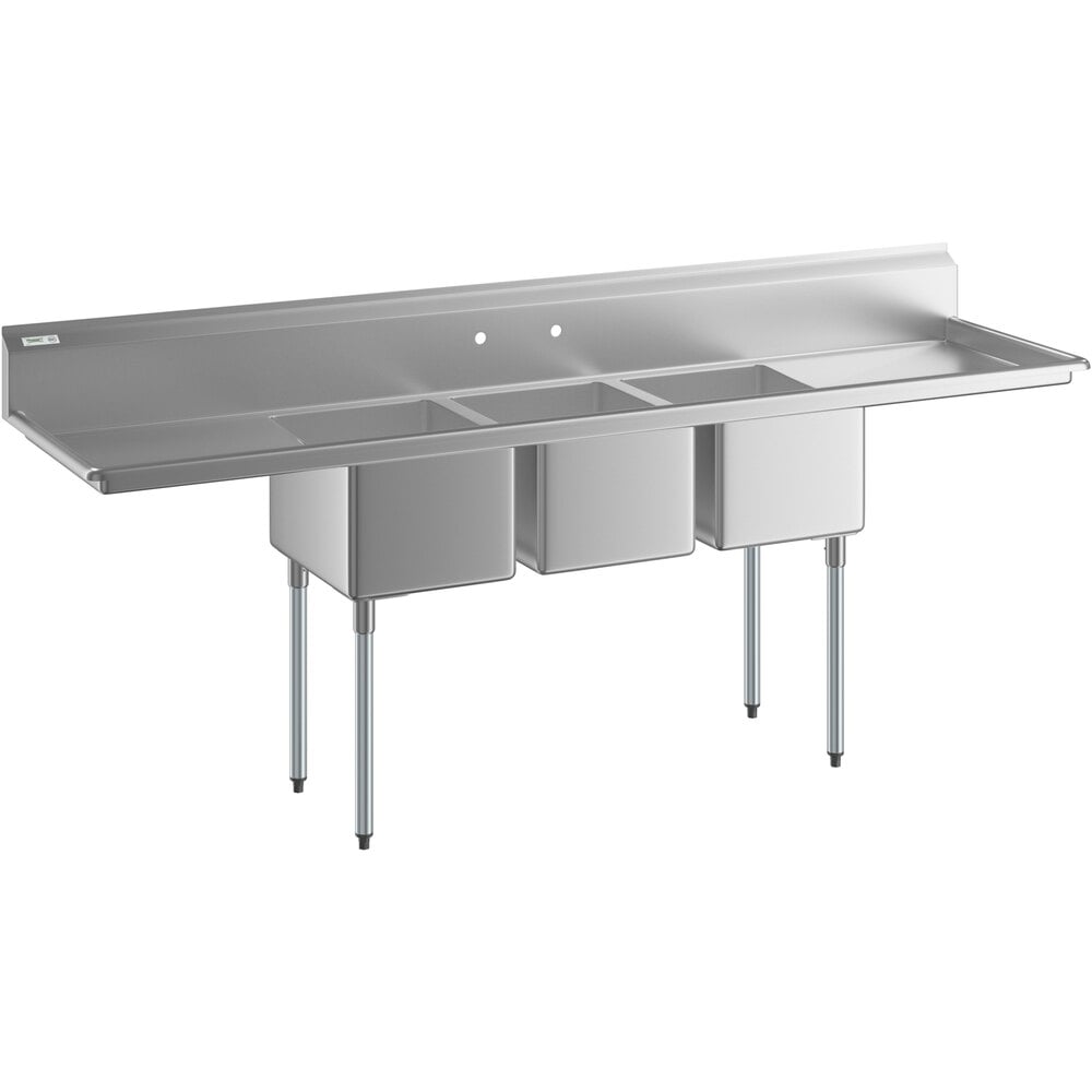 Regency 100" 16 Gauge Stainless Steel Three Compartment Commercial Sink with Galvanized Steel Legs and 2 Drainboards - 16" x 20" x 12" Bowls